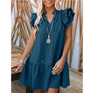 Mini Dress V-Neck Drawstring Ruffle Cap Short Sleeve Side Pockets Blue